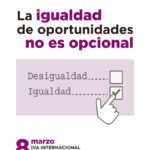 Cartel del Día Internacional de la Mujer con el mensaje “La igualdad de oportunidades no es opcional”. Incluye una ilustración con dos opciones: “Desigualdad” sin marcar e “Igualdad” con una casilla marcada en verde por un cursor.
