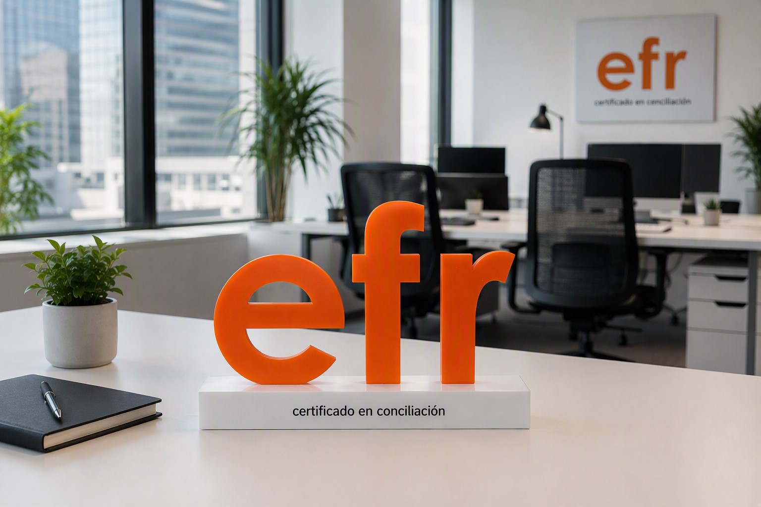 Fotografía horizontal del distintivo efr (Empresa Familiarmente Responsable), acreditación que reconoce las buenas prácticas en conciliación y gestión de personas. La pieza, en color naranja y situada sobre una base con la inscripción "certificado en conciliación", aparece en una oficina con puestos de trabajo y grandes ventanales al fondo.